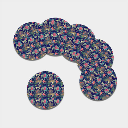 Asian Elephant And Tiger Print Leather Coaster Set