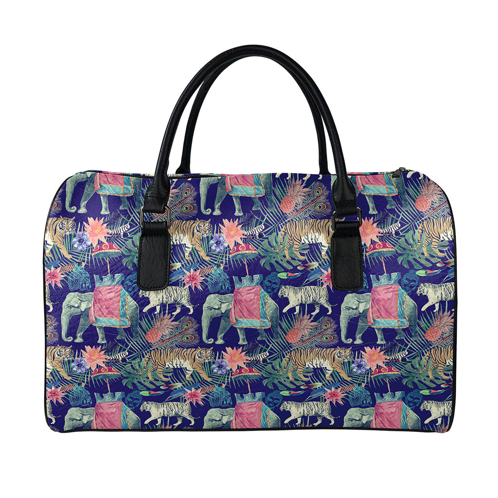 Asian Elephant And Tiger Print Leather Duffle Bag