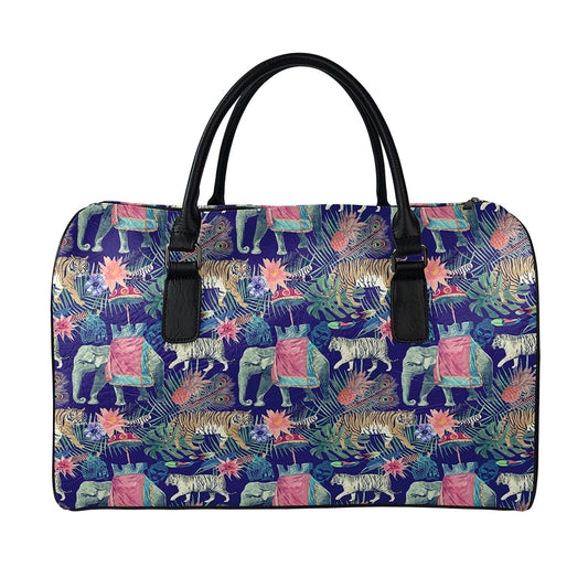 Asian Elephant And Tiger Print Leather Duffle Bag