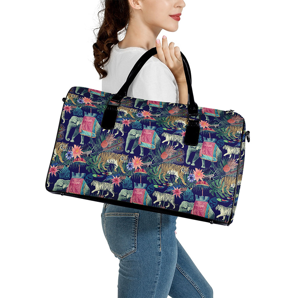Asian Elephant And Tiger Print Leather Duffle Bag