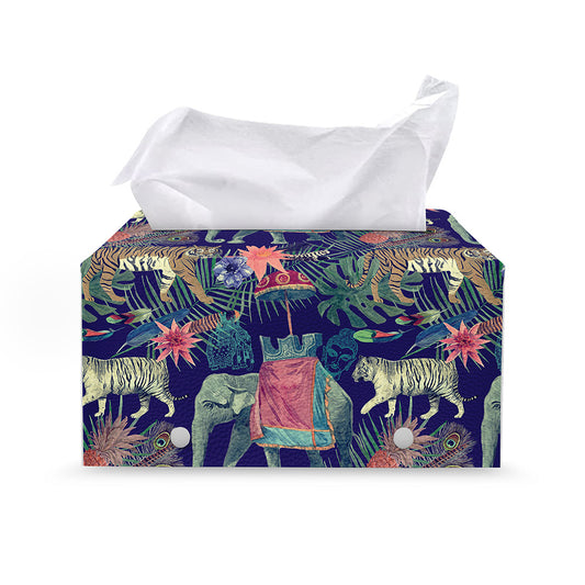 Asian Elephant And Tiger Print Leather Tissue Box Cover