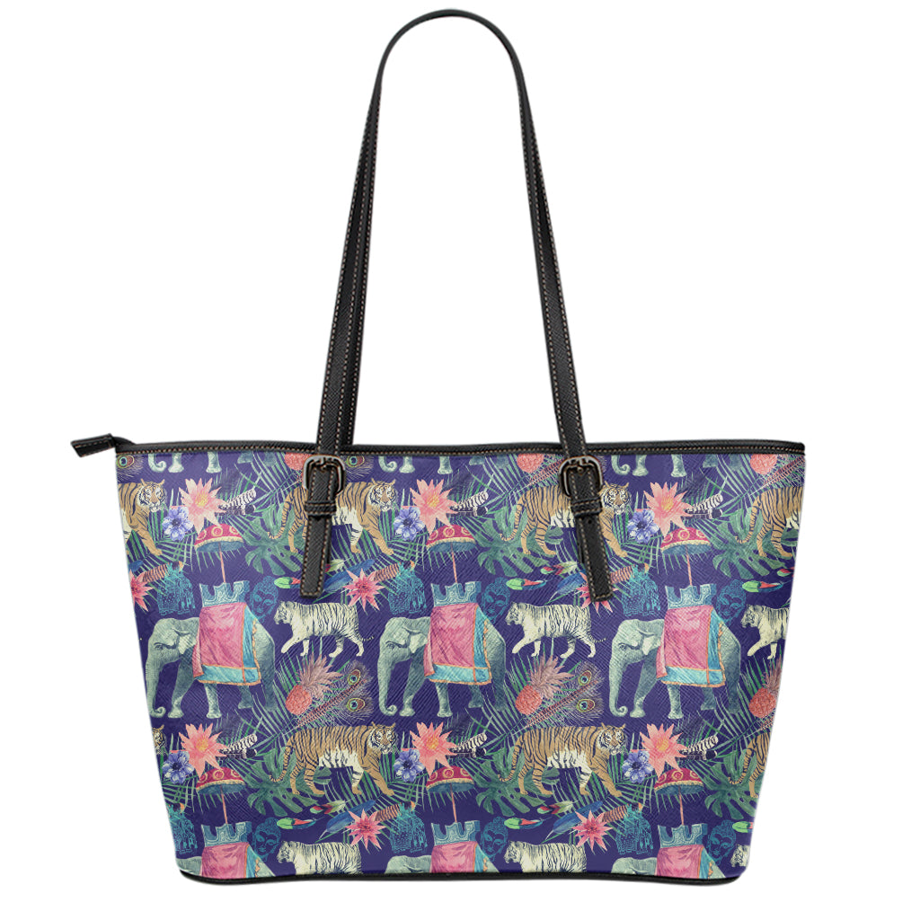 Asian Elephant And Tiger Print Leather Tote Bag