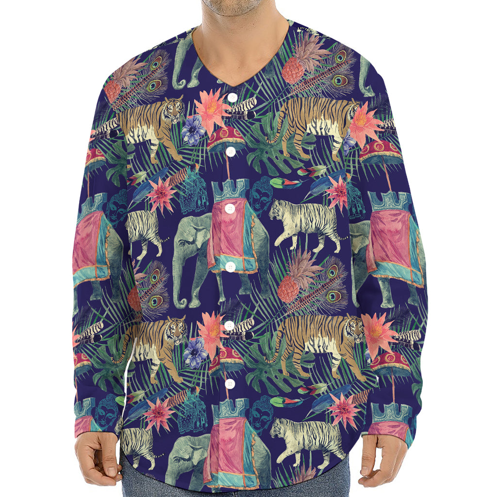 Asian Elephant And Tiger Print Long Sleeve Baseball Jersey