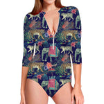 Asian Elephant And Tiger Print Long Sleeve Swimsuit