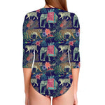 Asian Elephant And Tiger Print Long Sleeve Swimsuit