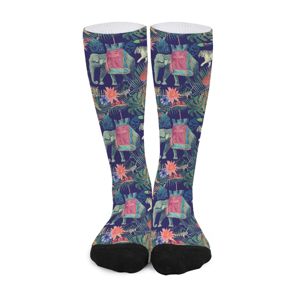 Asian Elephant And Tiger Print Long Socks