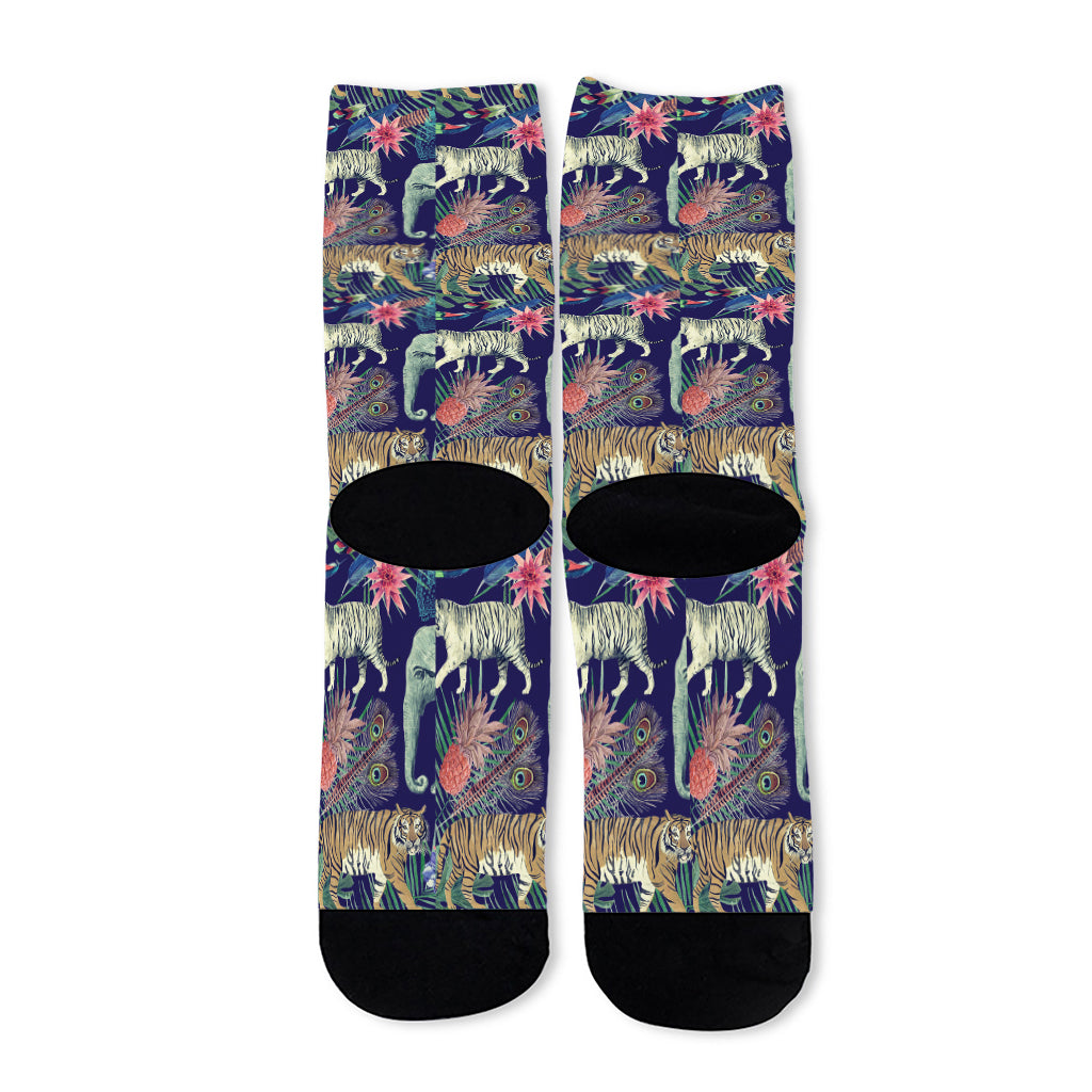 Asian Elephant And Tiger Print Long Socks