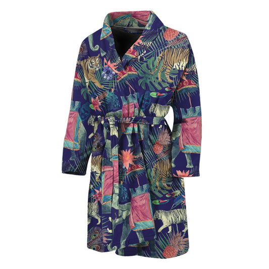 Asian Elephant And Tiger Print Men's Bathrobe