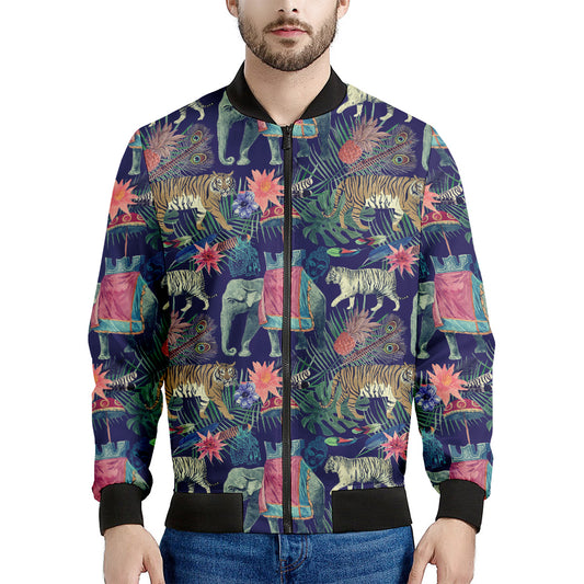 Asian Elephant And Tiger Print Men's Bomber Jacket
