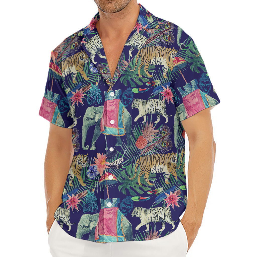 Asian Elephant And Tiger Print Men's Deep V-Neck Shirt