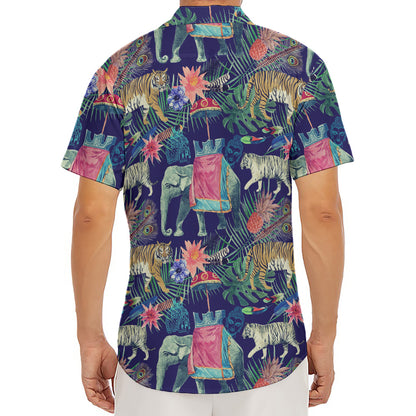 Asian Elephant And Tiger Print Men's Deep V-Neck Shirt