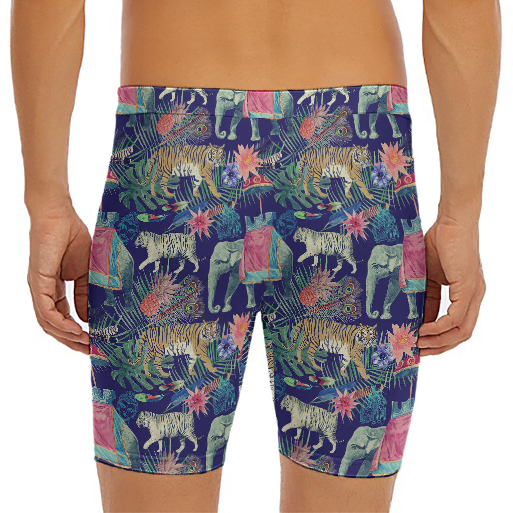 Asian Elephant And Tiger Print Men's Long Boxer Briefs