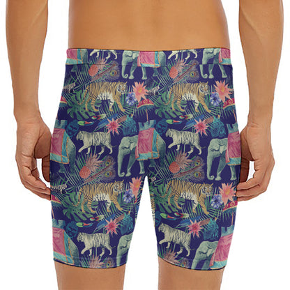 Asian Elephant And Tiger Print Men's Long Boxer Briefs