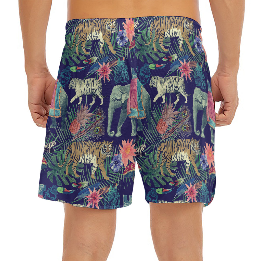 Asian Elephant And Tiger Print Men's Split Running Shorts