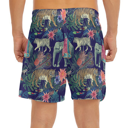 Asian Elephant And Tiger Print Men's Split Running Shorts