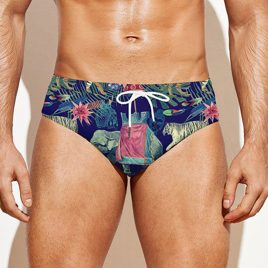 Asian Elephant And Tiger Print Men's Swim Briefs