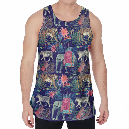 Asian Elephant And Tiger Print Men's Velvet Tank Top