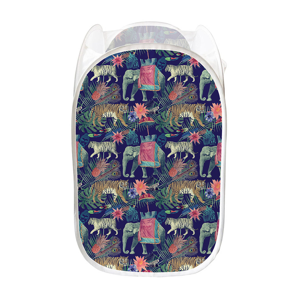 Asian Elephant And Tiger Print Mesh Laundry Hamper