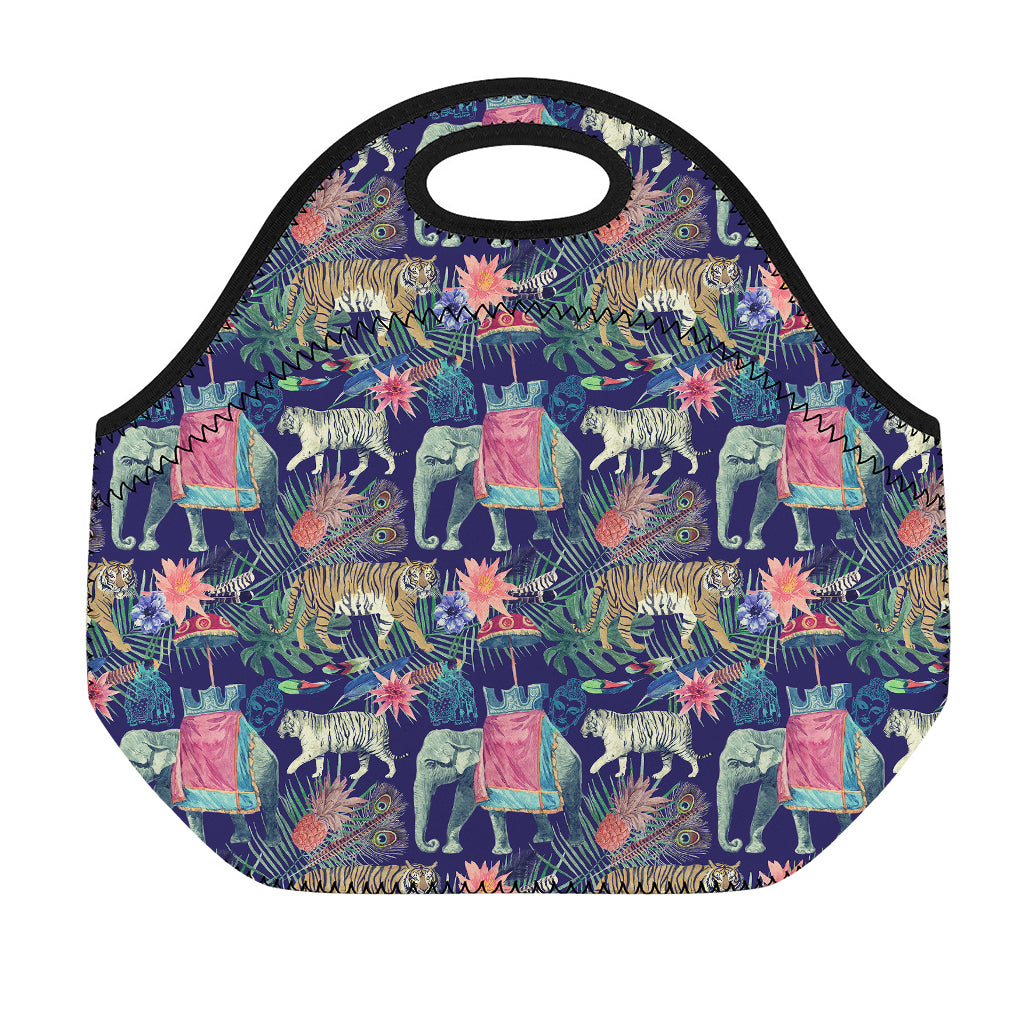 Asian Elephant And Tiger Print Neoprene Lunch Bag