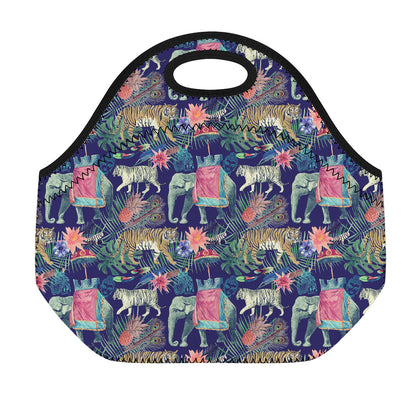 Asian Elephant And Tiger Print Neoprene Lunch Bag