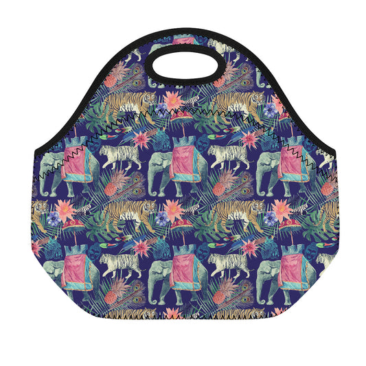 Asian Elephant And Tiger Print Neoprene Lunch Bag