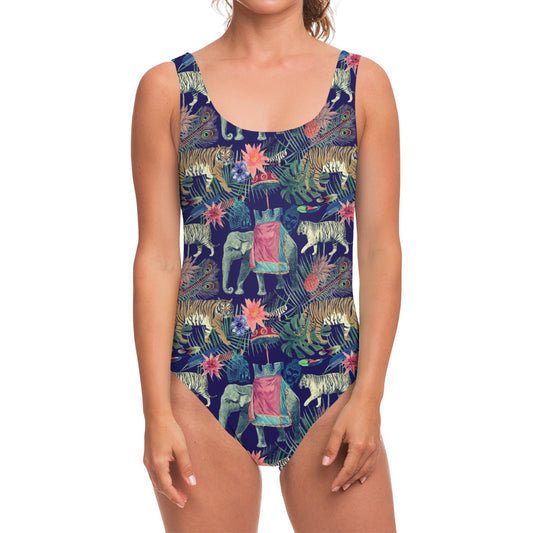Asian Elephant And Tiger Print One Piece Swimsuit
