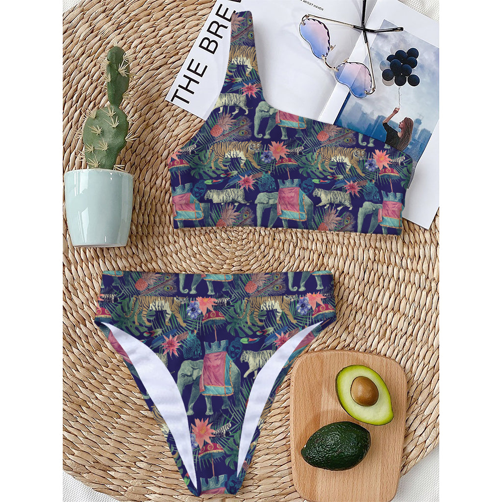 Asian Elephant And Tiger Print One Shoulder Bikini Top
