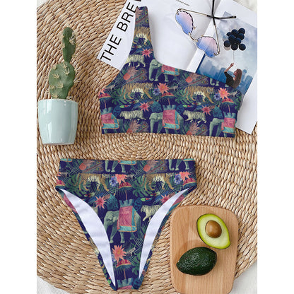 Asian Elephant And Tiger Print One Shoulder Bikini Top