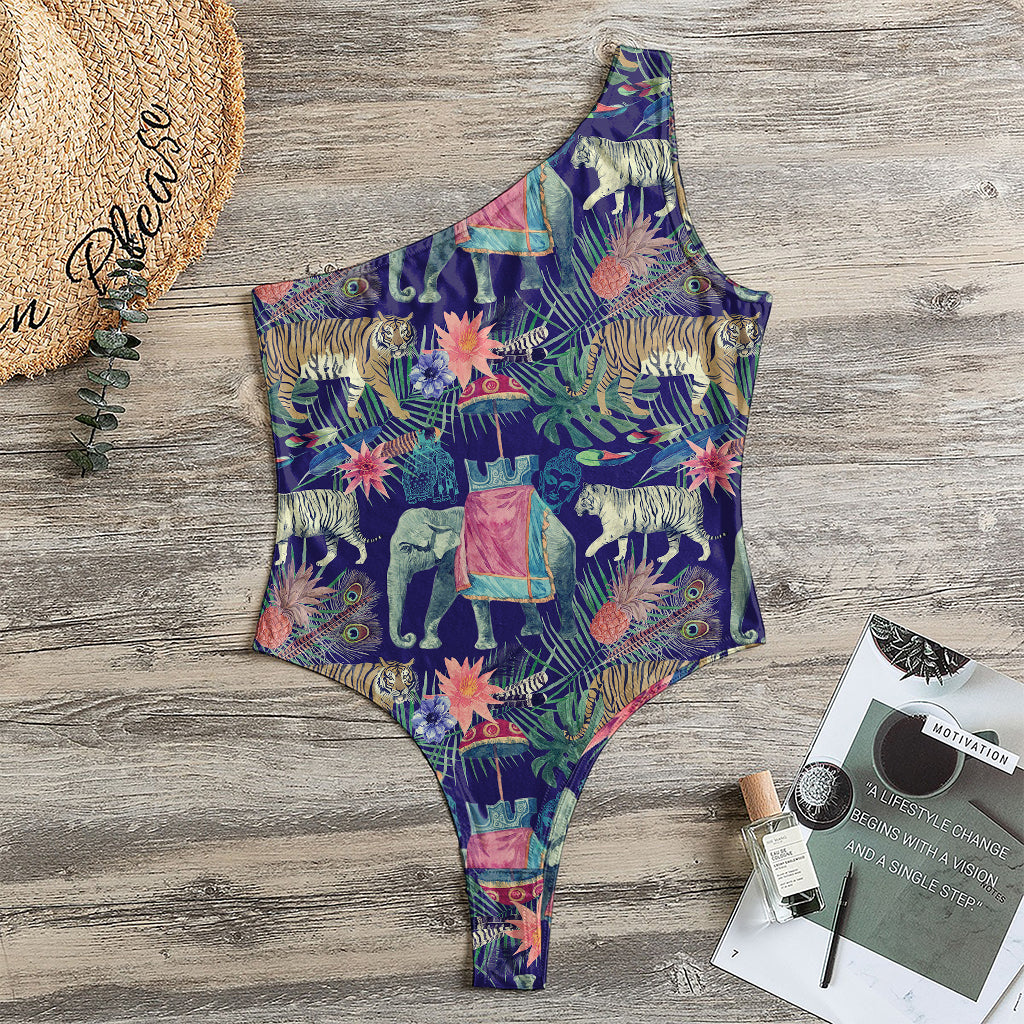 Asian Elephant And Tiger Print One Shoulder Bodysuit