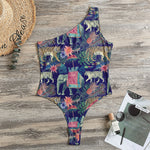 Asian Elephant And Tiger Print One Shoulder Bodysuit