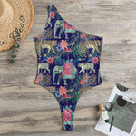 Asian Elephant And Tiger Print One Shoulder Bodysuit