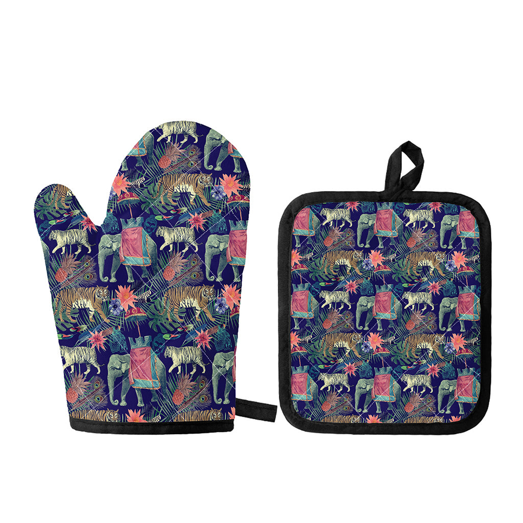Asian Elephant And Tiger Print Oven Mitt And Pot Holder Set