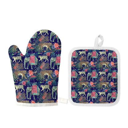 Asian Elephant And Tiger Print Oven Mitt And Pot Holder Set