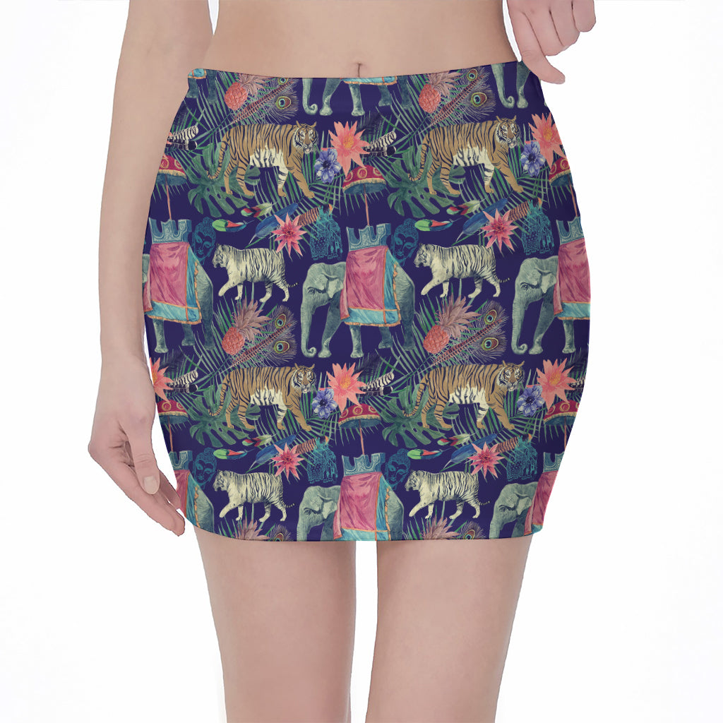 Asian Elephant And Tiger Print Pencil Mini Skirt