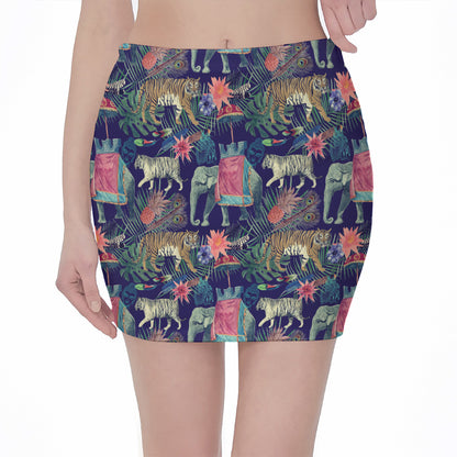 Asian Elephant And Tiger Print Pencil Mini Skirt