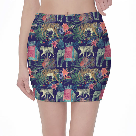 Asian Elephant And Tiger Print Pencil Mini Skirt