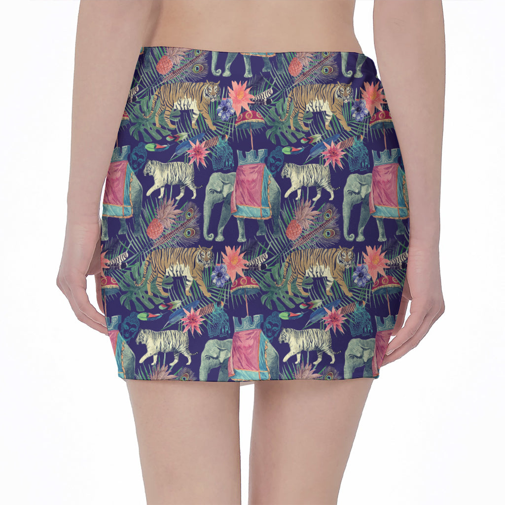Asian Elephant And Tiger Print Pencil Mini Skirt