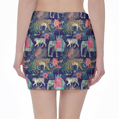 Asian Elephant And Tiger Print Pencil Mini Skirt
