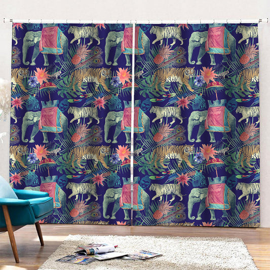 Asian Elephant And Tiger Print Pencil Pleat Curtains