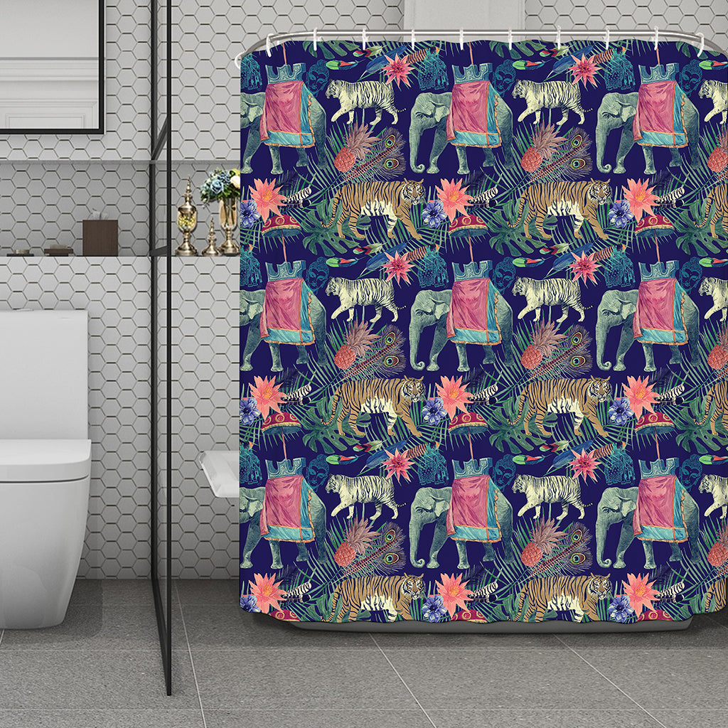 Asian Elephant And Tiger Print Polyester Shower Curtain