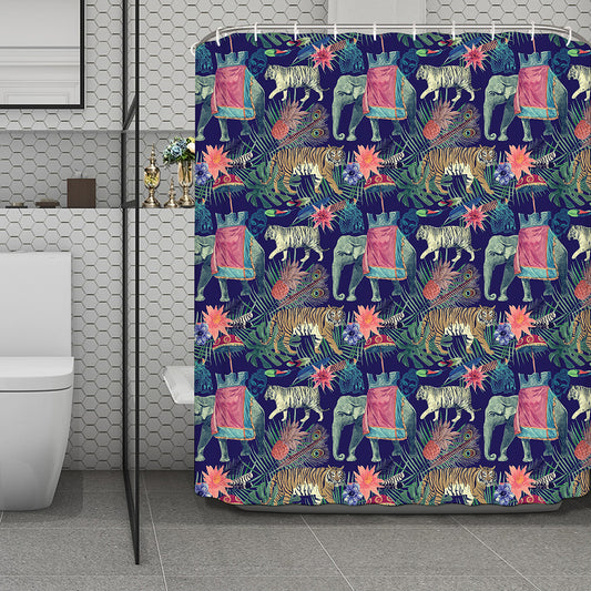 Asian Elephant And Tiger Print Polyester Shower Curtain