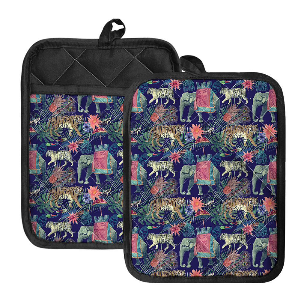 Asian Elephant And Tiger Print Pot Holders With Pocket