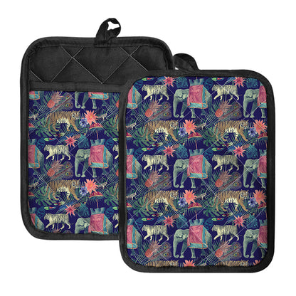 Asian Elephant And Tiger Print Pot Holders With Pocket