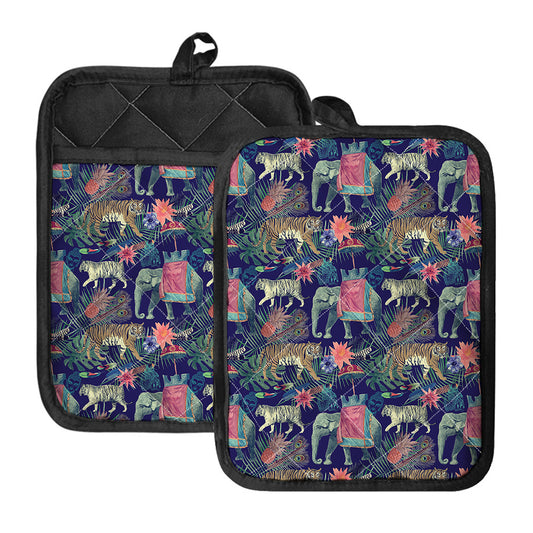 Asian Elephant And Tiger Print Pot Holders With Pocket