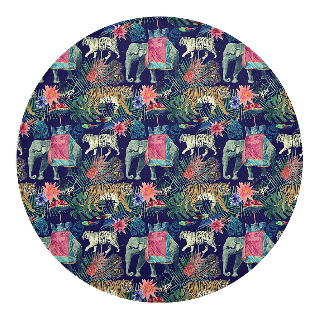 Asian Elephant And Tiger Print Round Blanket