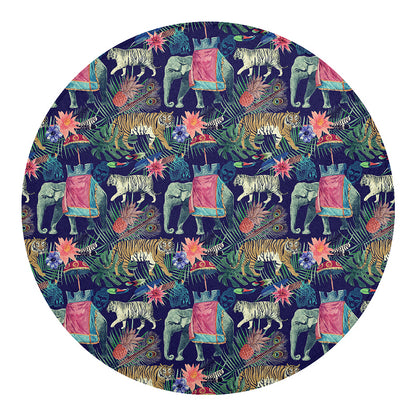 Asian Elephant And Tiger Print Round Blanket