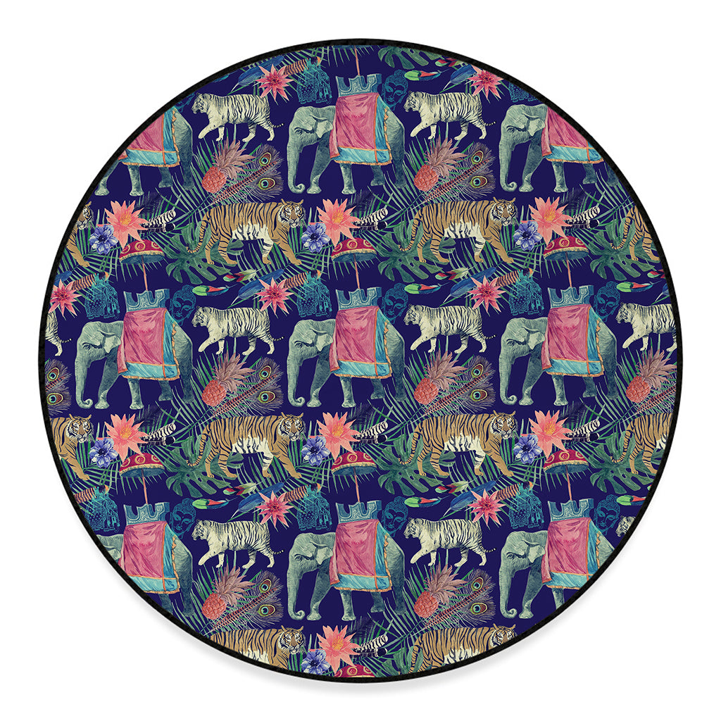 Asian Elephant And Tiger Print Round Floor Mat