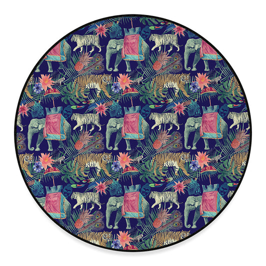 Asian Elephant And Tiger Print Round Floor Mat