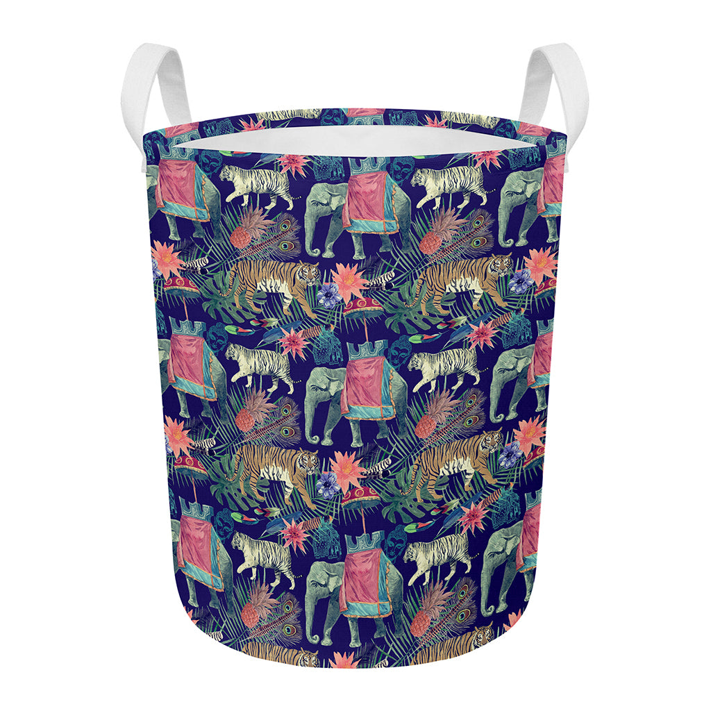 Asian Elephant And Tiger Print Round Laundry Basket