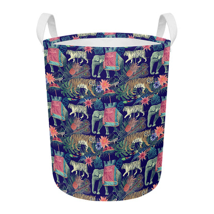 Asian Elephant And Tiger Print Round Laundry Basket